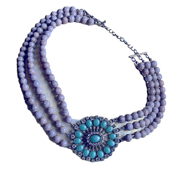 Gray Beaded Turquoise Rhinestones Gold Necklace 19” Center Pendant 2.5” - Picture 3 of 10